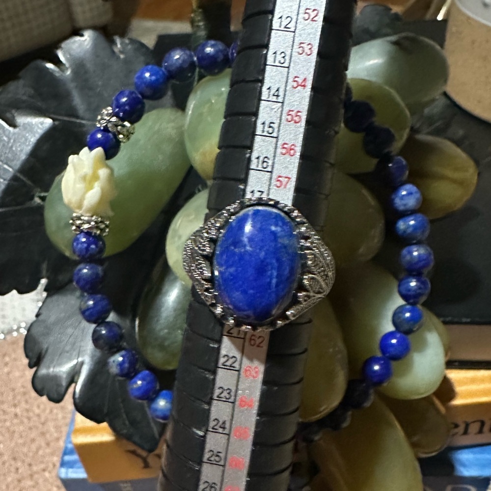 💙 Lapis Lazuli Cabochon Ring - Natural Feather Design Silver Tone Adjustable